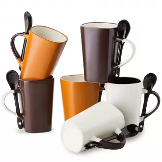 Canecas de café de porcelana com colheres combinando conjunto de 6, 10 onças de caneca para café expresso, cappuccino, café com leite, chá quente, xícaras de café em cerâmica, design de colher integrado, combinação de cores, microondas e lavagem de lavar 