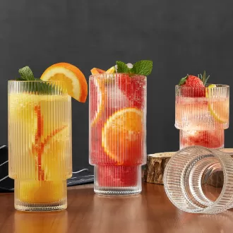 6 gói kính uống có gân, cốc thủy tinh cổ điển 16 oz, ly bóng cao, ly cà phê đá cao cấp, cốc thủy tinh trong vắt, ly cocktail, đồ thủy tinh thanh lịch cho nước ép nước Whiskey Bia