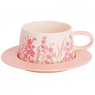 Mug cà phê màu hồng với bộ đĩa, cốc gốm xinh xắn 9oz với thiết kế hoa, cốc hoa thanh lịch hoàn hảo cho cà phê trà Cappuccino