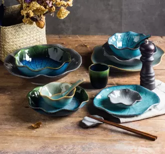 Bộ đồ ăn thiết kế theo phong cách hình lá sen bằng gốm sứ Phương Đông, Bán buôn đồ sành sứ, đĩa và bát, Bộ đồ ăn số lượng lớn màu xám và xanh cho nhà hàng